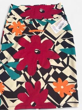LuLaRoe Women’s Floral Pencil Skirt - Red, Orange, Teal on Cream